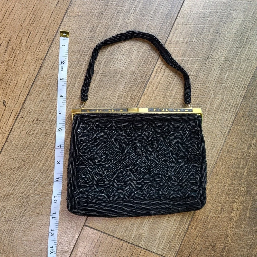 Walborg Vintage Black Bead Evening Bag Hand Made in Japan Gold Tone Frame Purse